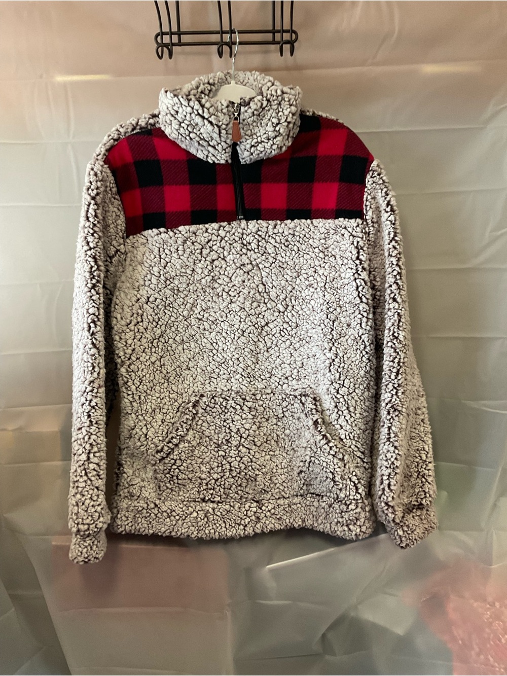 Plush Sherpa Pullover Hoodie with Red Buffalo Plaid Yoke